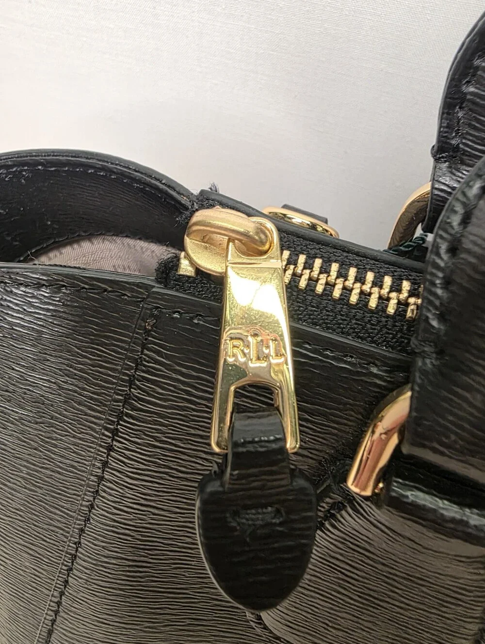 NWT Lauren Ralph Lauren Stefanie II Leather Satchel Bag Black Gold RLL Tote